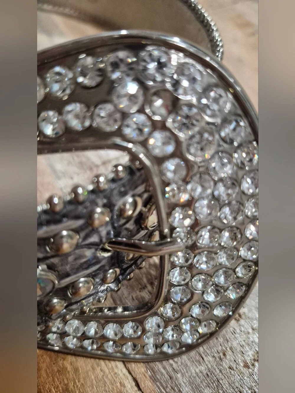Y2K Vintage Leather Rhinestone Cross Belt - Silver Crystal Buckle S/M Western Co